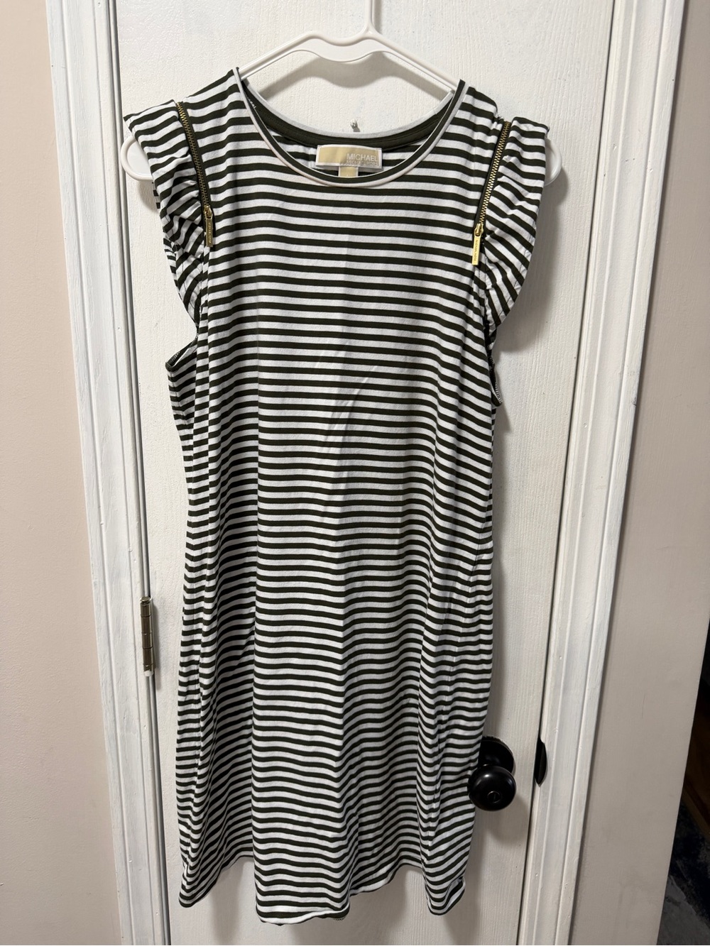 Striped green & White Dress with Gold Trim zippers